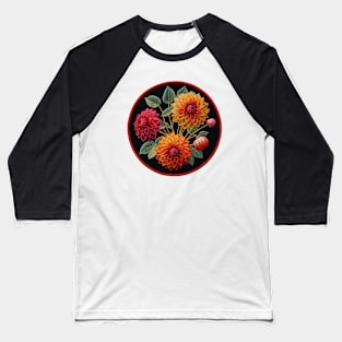 Fiery Dahlias Embroidered Patch Baseball T-Shirt